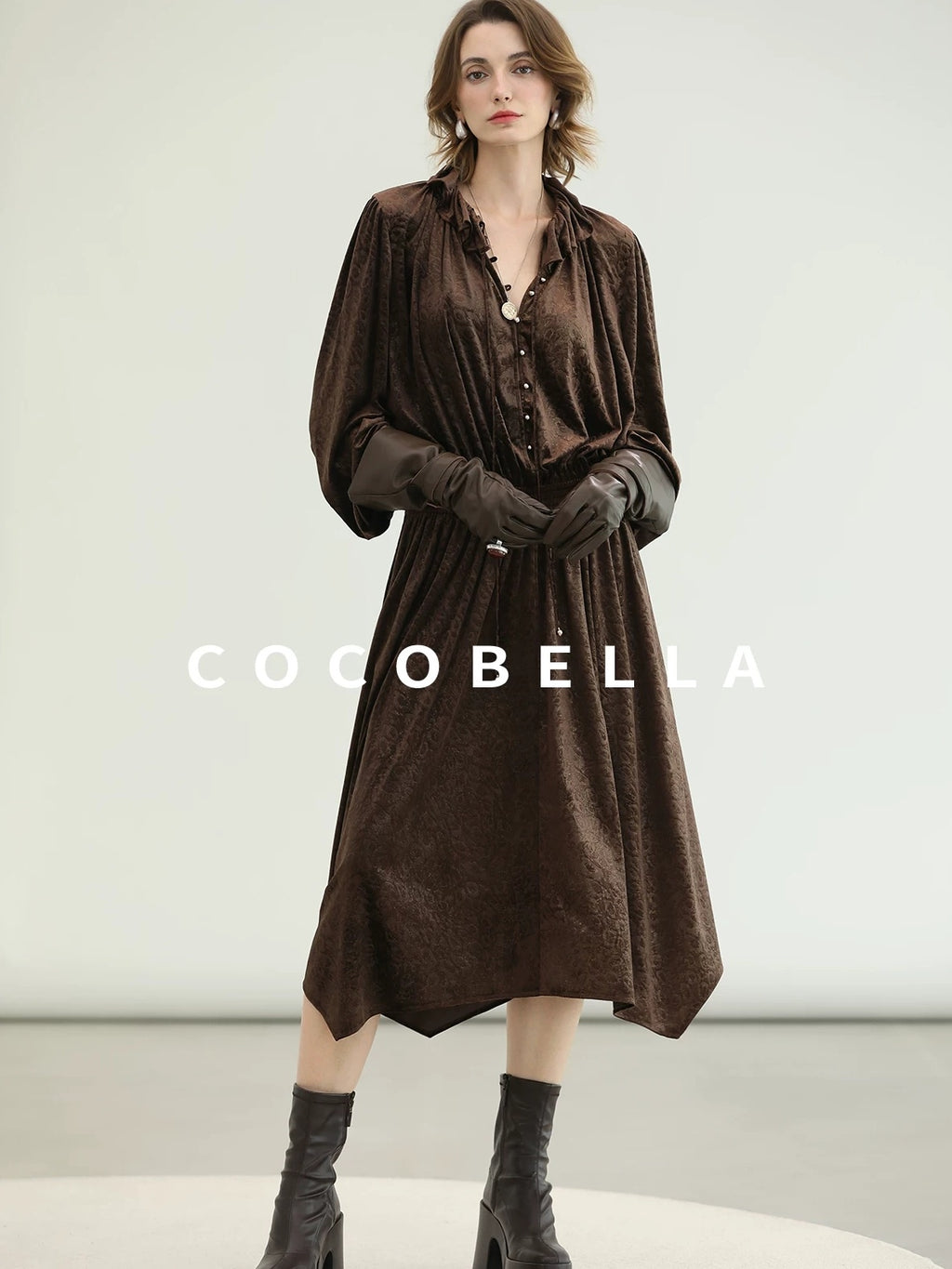 COCOBELLA Soft Stretch Foil V Neck Vintage A Line Ruffle Lace Tie Waist Dresses