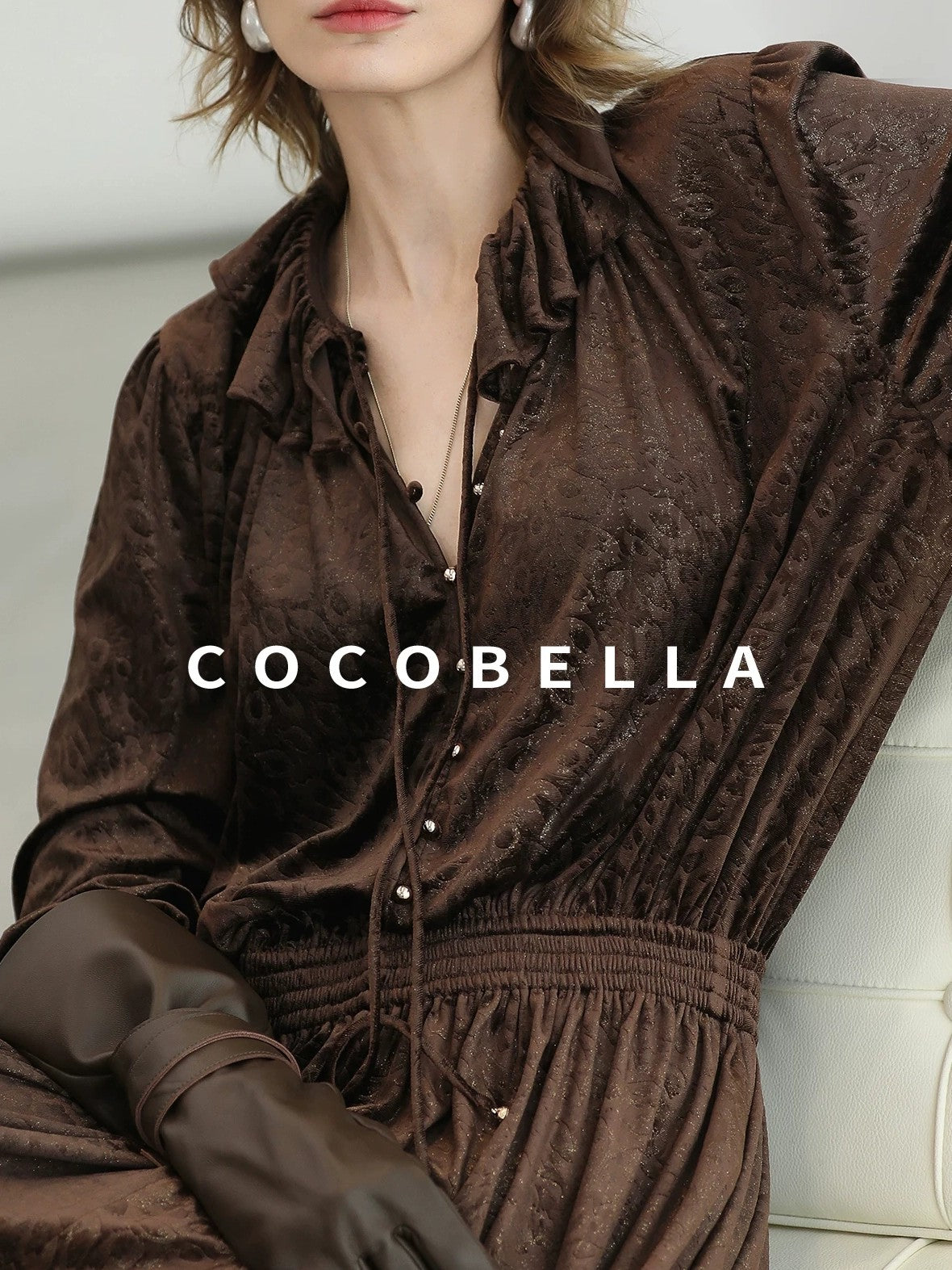 COCOBELLA Soft Stretch Foil V Neck Vintage A Line Ruffle Lace Tie Waist Dresses