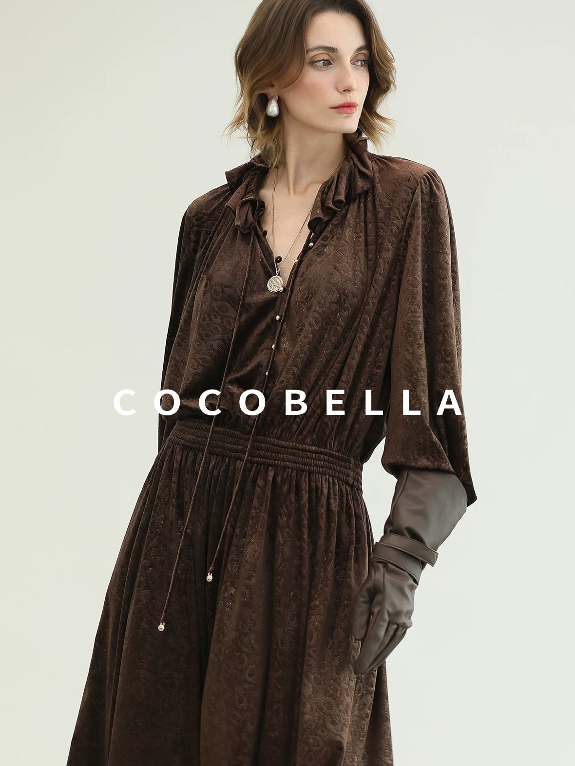 COCOBELLA Soft Stretch Foil V Neck Vintage A Line Ruffle Lace Tie Waist Dresses