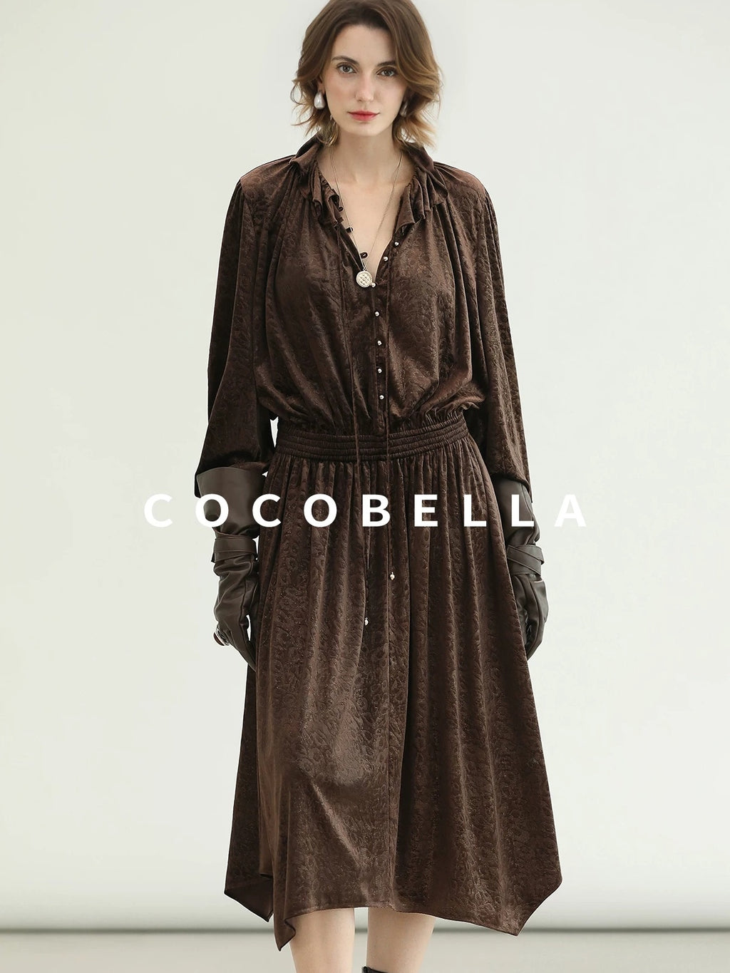 COCOBELLA Soft Stretch Foil V Neck Vintage A Line Ruffle Lace Tie Waist Dresses