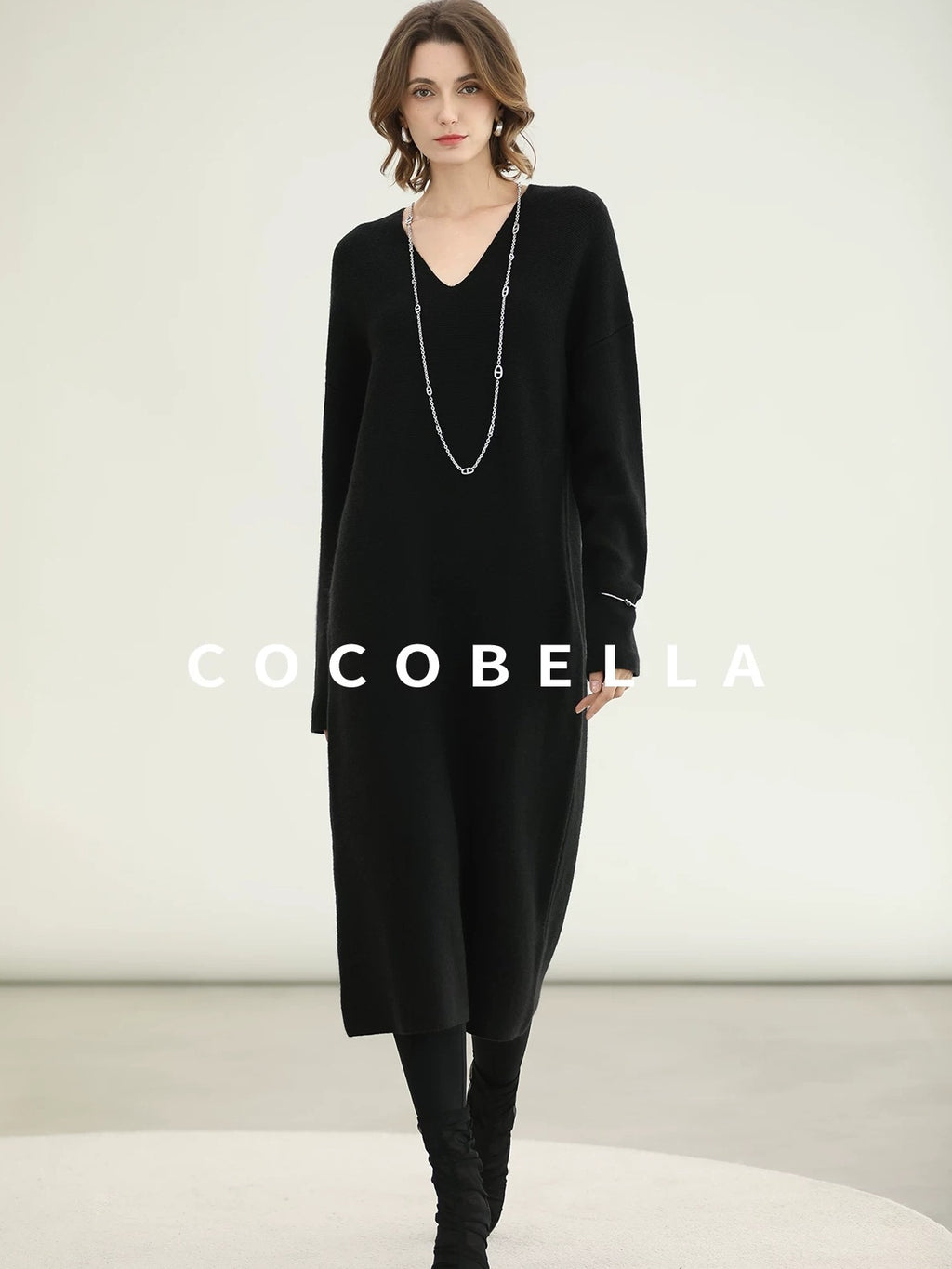 COCOBELLA Soft Stretch Knit V Neck H Silhouette City Commuter Wool Blend Dresses