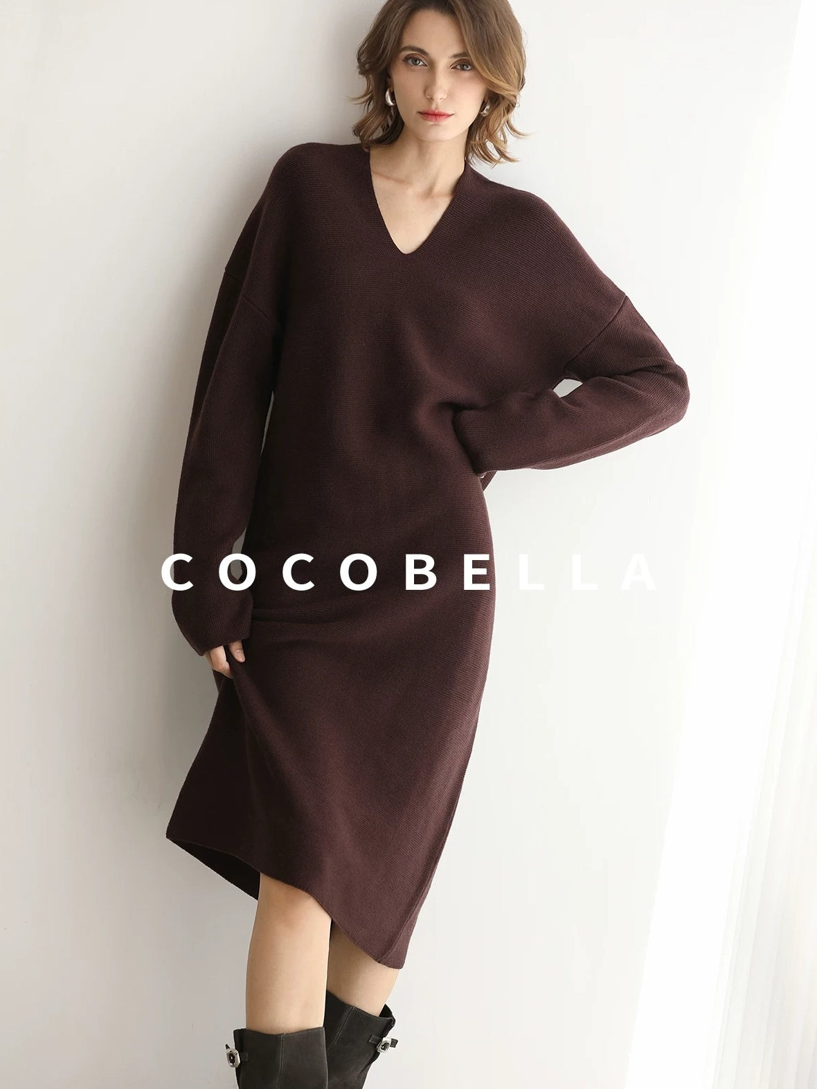 COCOBELLA Soft Stretch Knit V Neck H Silhouette City Commuter Wool Blend Dresses