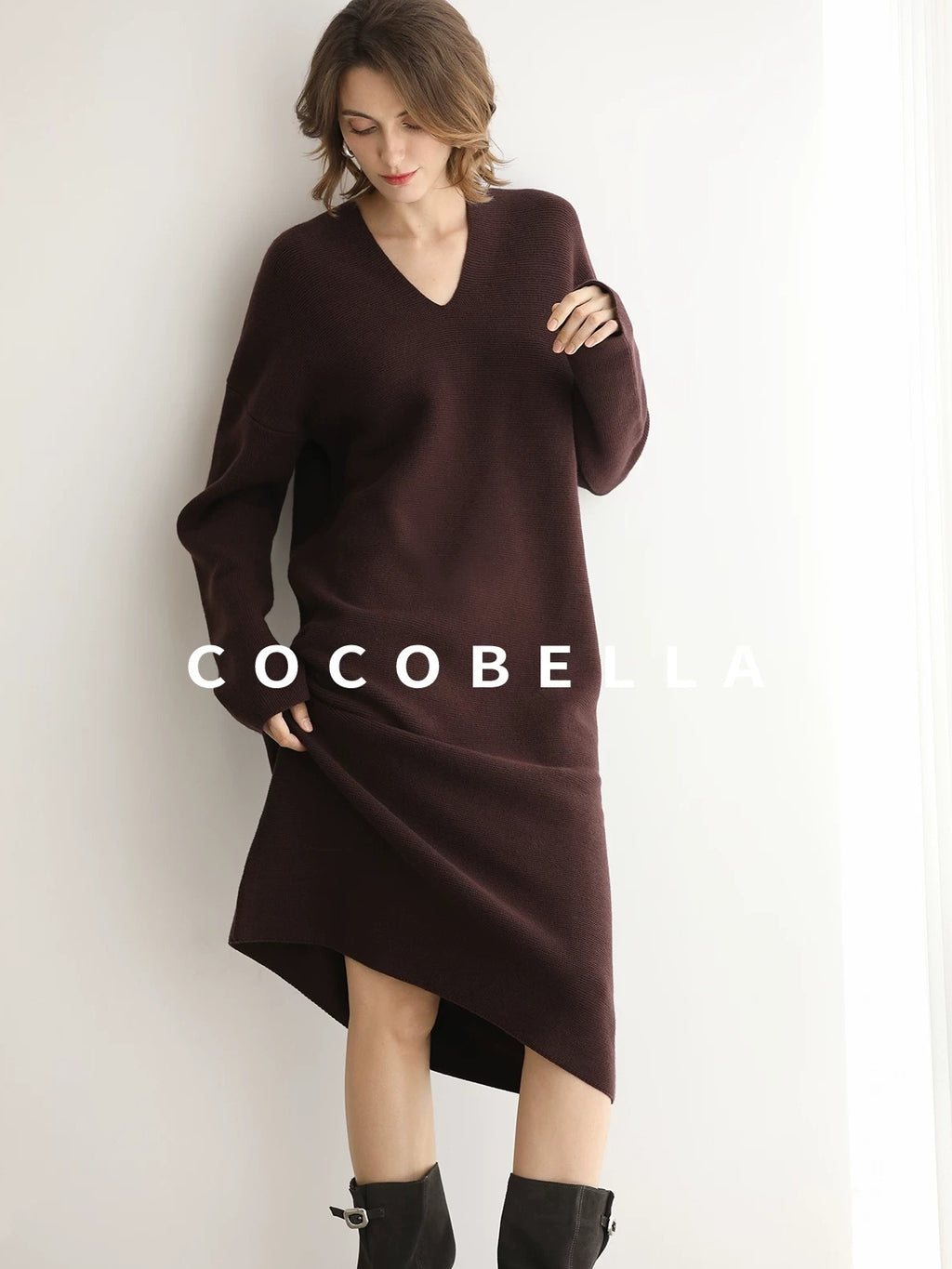 COCOBELLA Soft Stretch Knit V Neck H Silhouette City Commuter Wool Blend Dresses