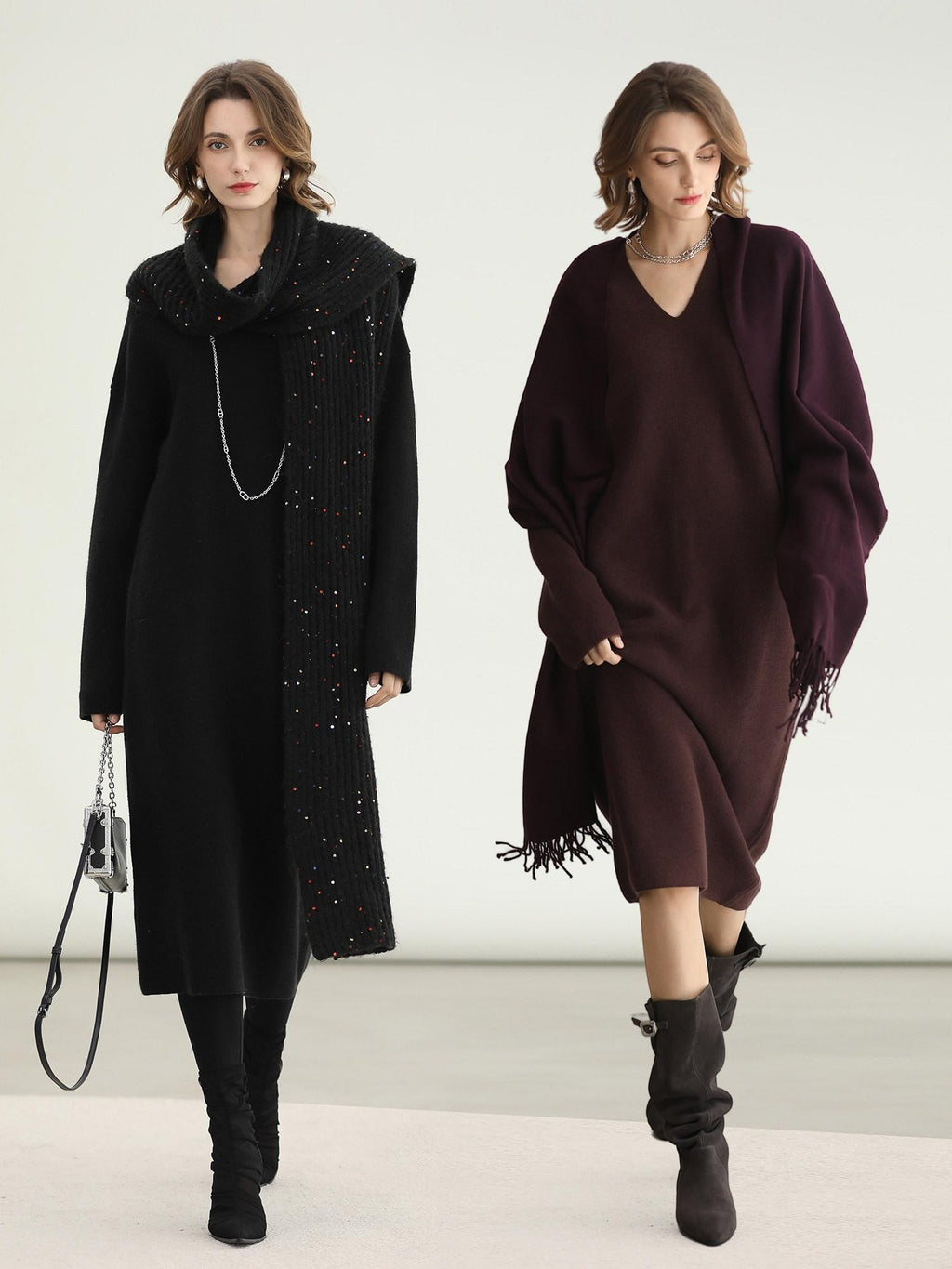 COCOBELLA Soft Stretch Knit V Neck H Silhouette City Commuter Wool Blend Dresses