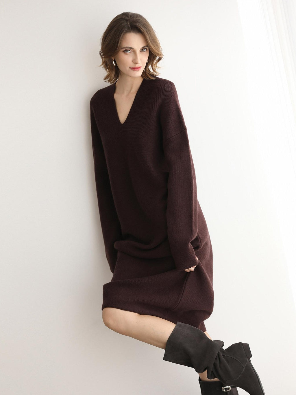 COCOBELLA Soft Stretch Knit V Neck H Silhouette City Commuter Wool Blend Dresses