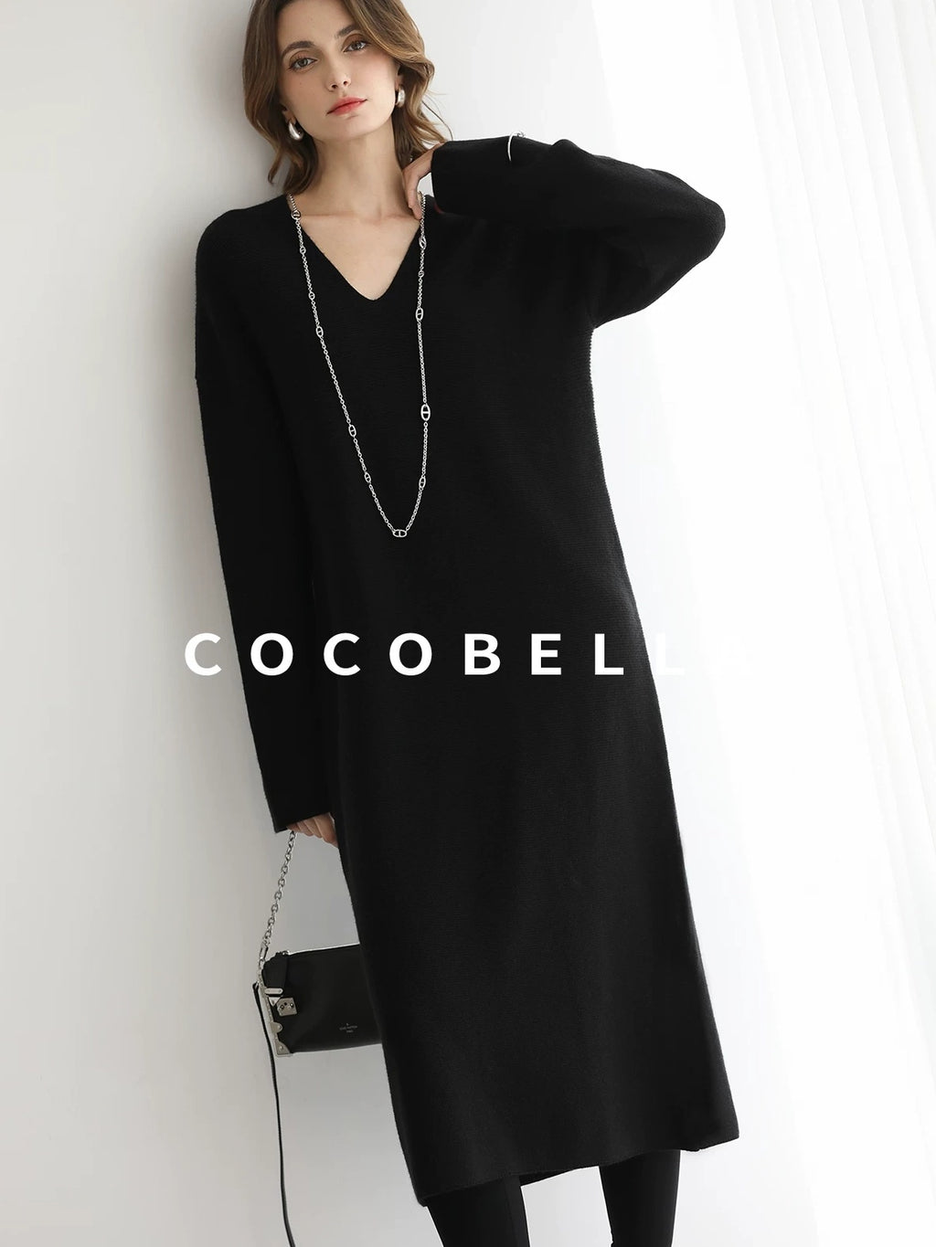COCOBELLA Soft Stretch Knit V Neck H Silhouette City Commuter Wool Blend Dresses