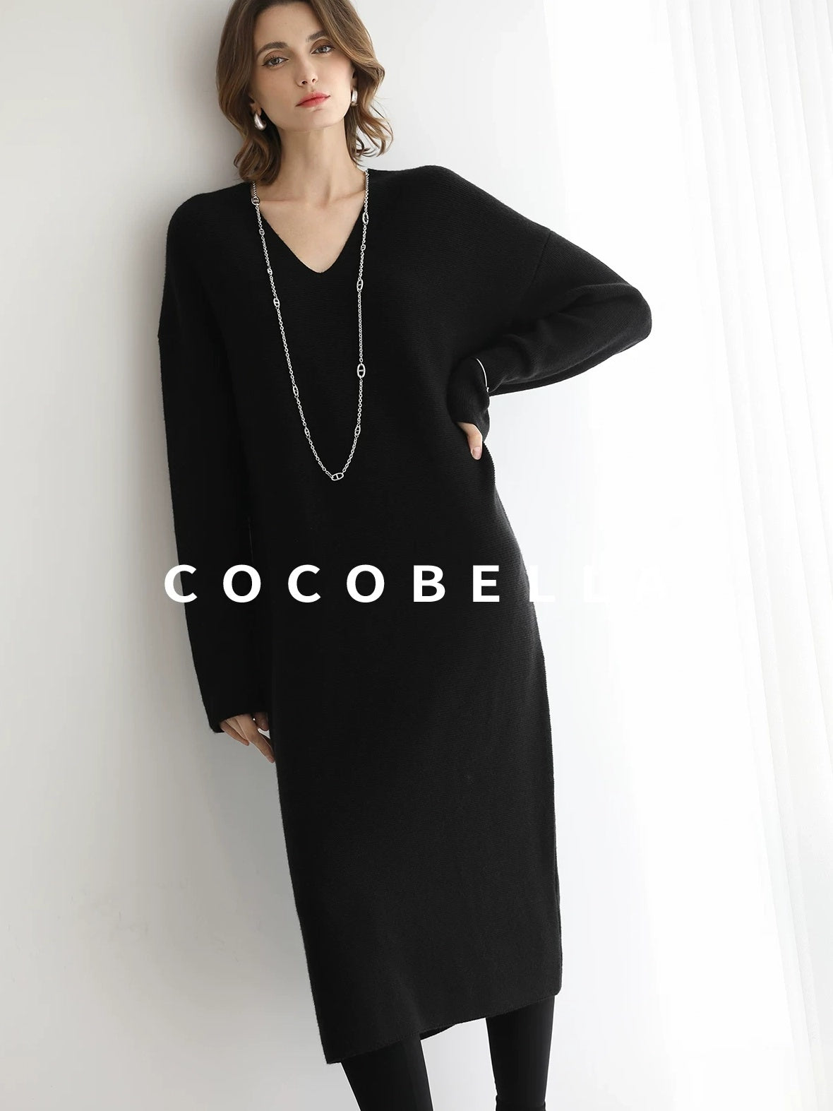 COCOBELLA Soft Stretch Knit V Neck H Silhouette City Commuter Wool Blend Dresses