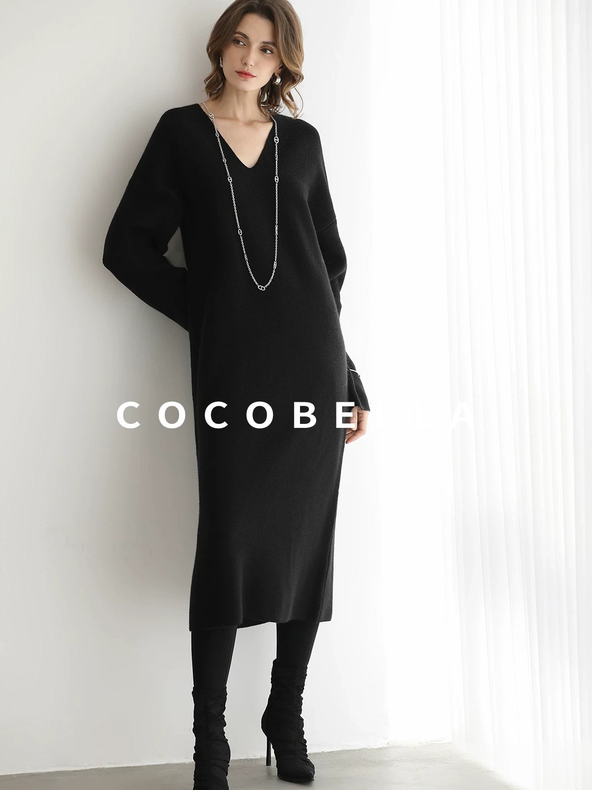 COCOBELLA Soft Stretch Knit V Neck H Silhouette City Commuter Wool Blend Dresses