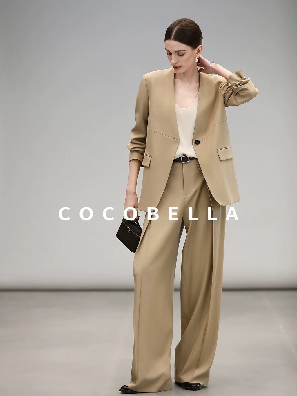 COCOBELLA Soft Stretch Polyester Wide Leg Natural Waist Ol Workwear Solid Relaxed Pants