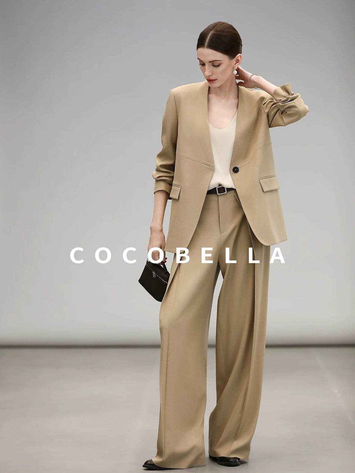 COCOBELLA Soft Stretch Polyester Wide Leg Natural Waist Ol Workwear Solid Relaxed Pants