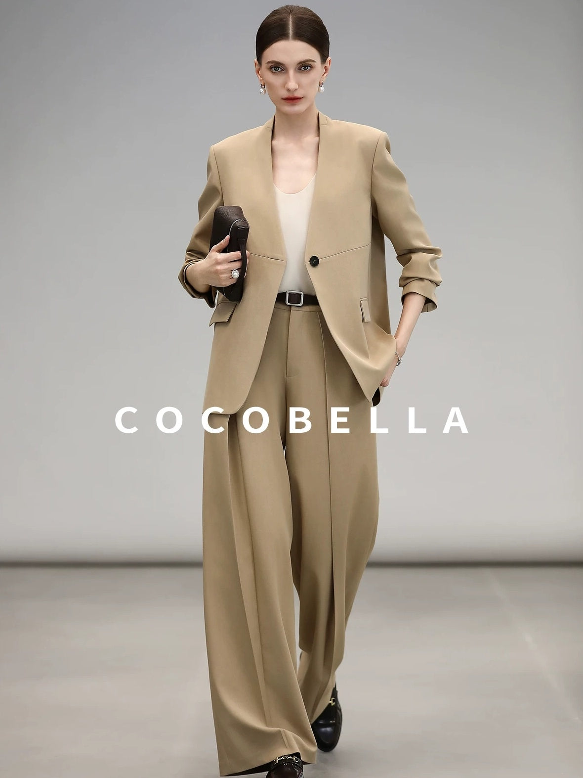 COCOBELLA Soft Stretch Polyester Wide Leg Natural Waist Ol Workwear Solid Relaxed Pants