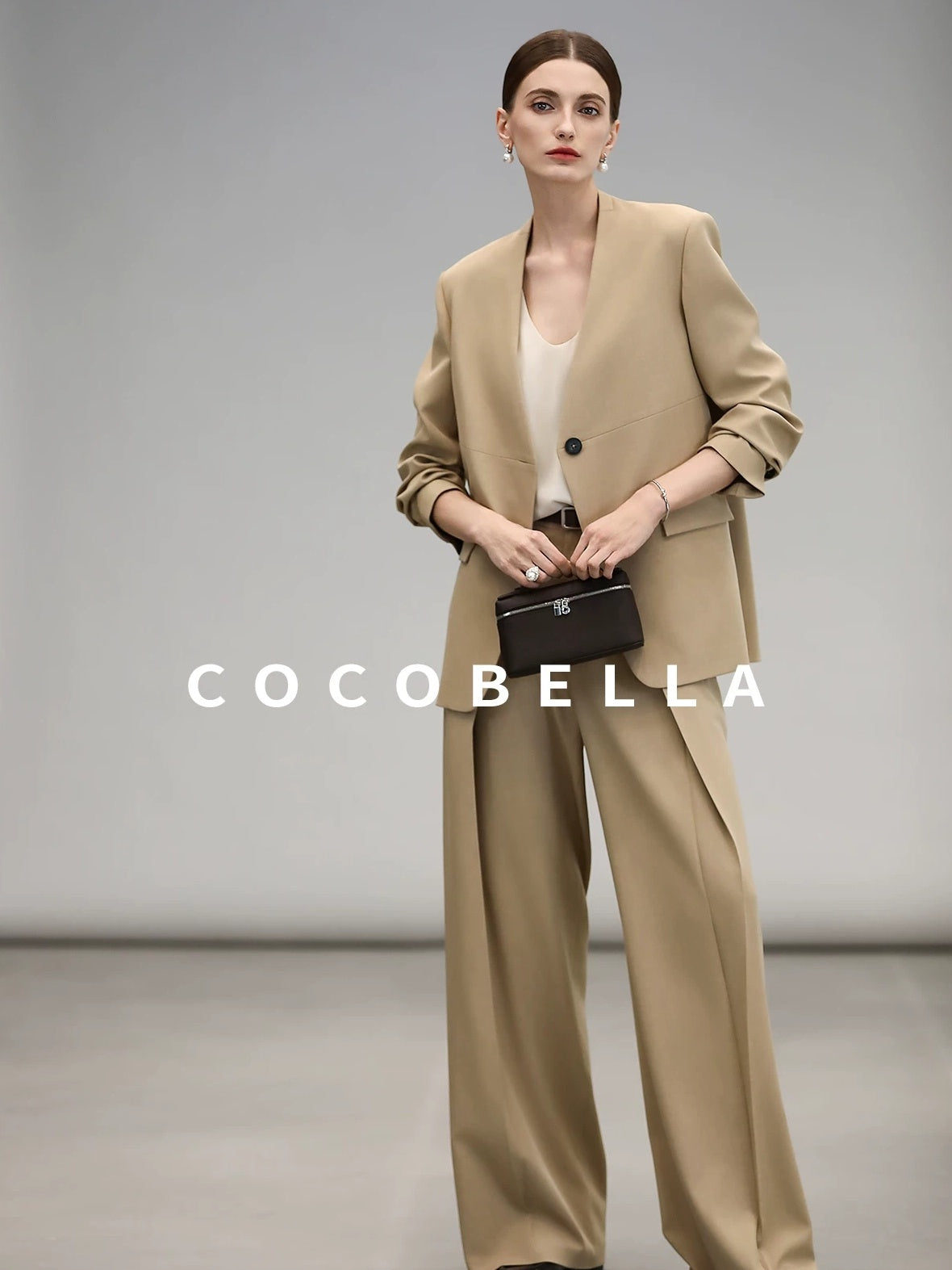 COCOBELLA Soft Stretch Polyester Wide Leg Natural Waist Ol Workwear Solid Relaxed Pants