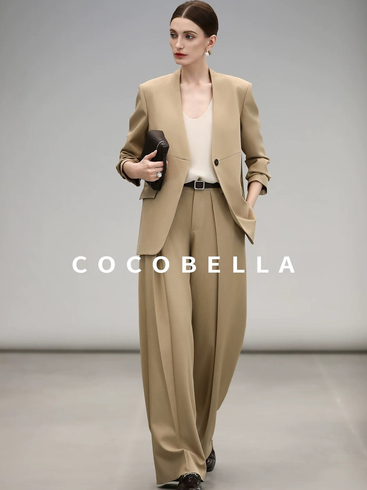COCOBELLA Soft Stretch Polyester Wide Leg Natural Waist Ol Workwear Solid Relaxed Pants