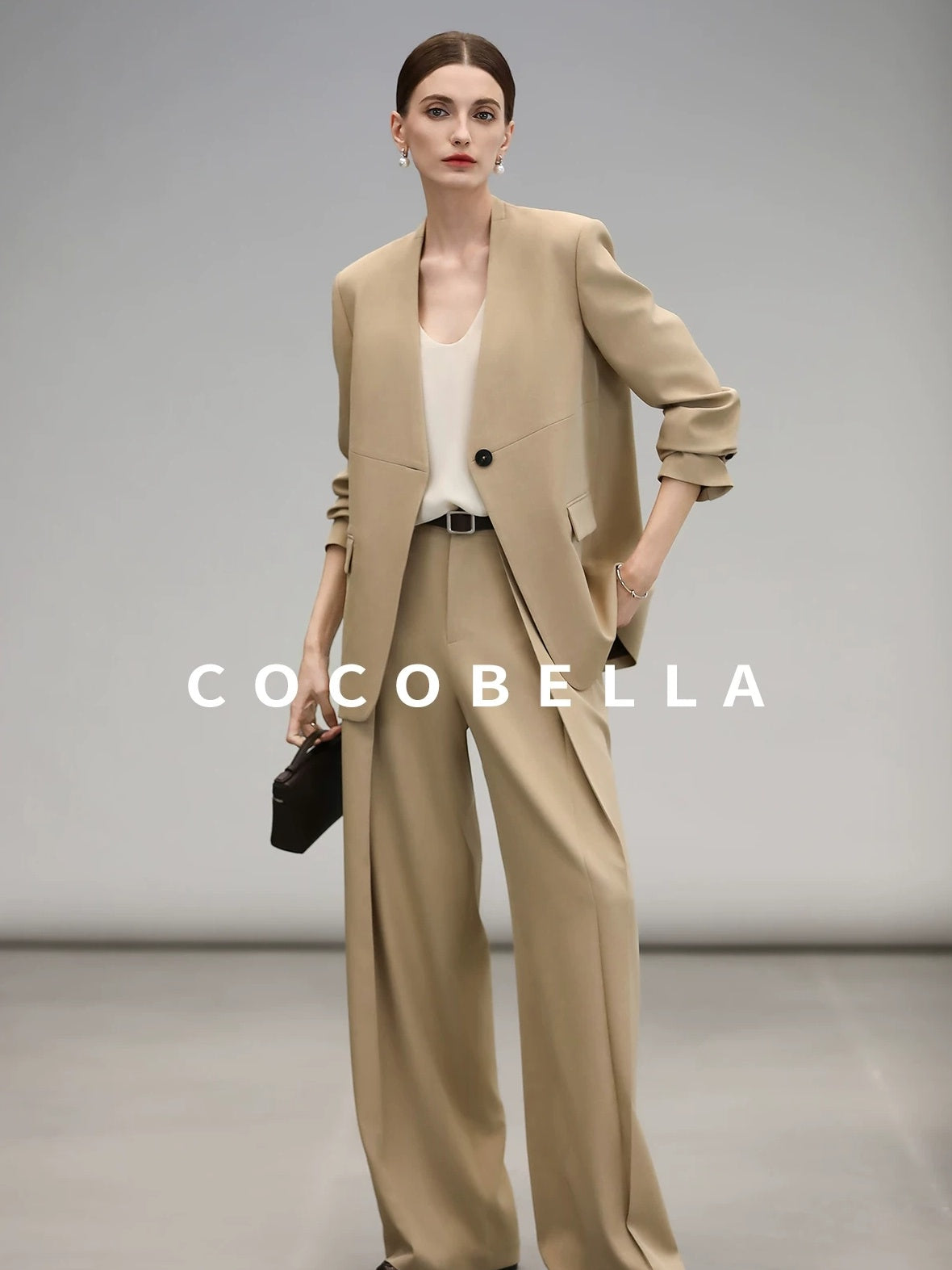 COCOBELLA Soft Stretch Polyester Wide Leg Natural Waist Ol Workwear Solid Relaxed Pants