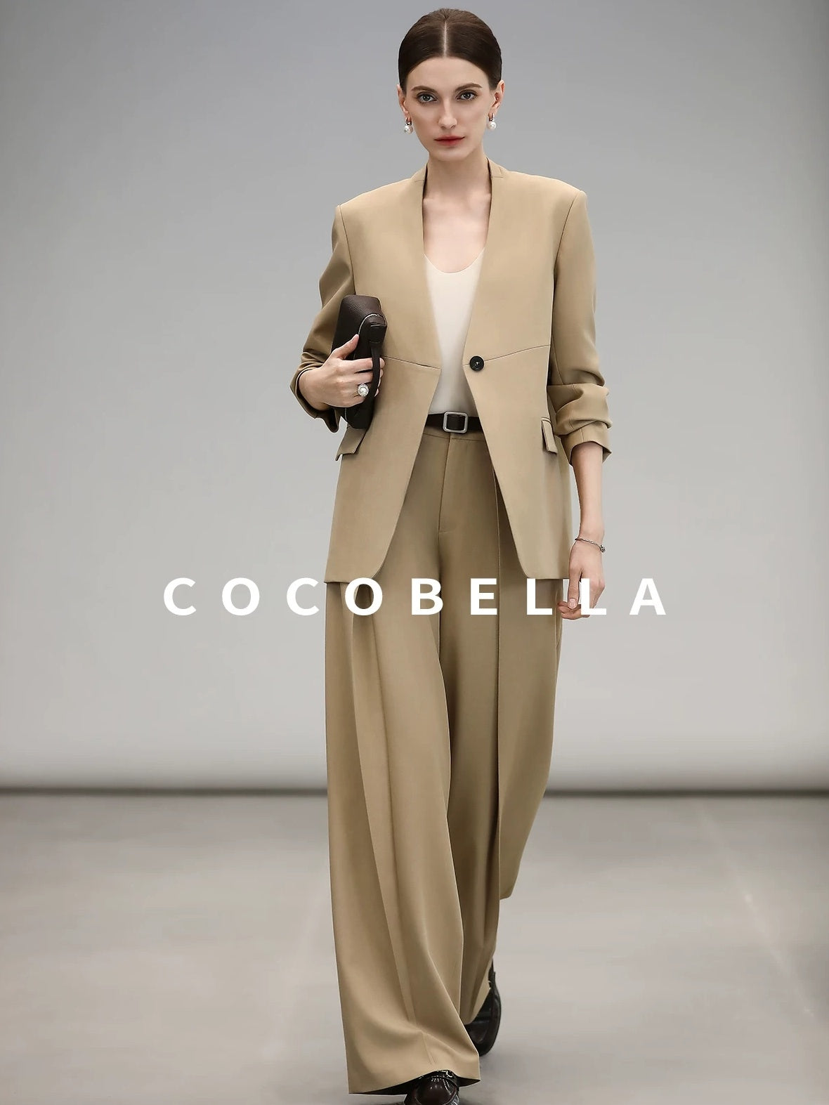 COCOBELLA Soft Stretch Polyester Wide Leg Natural Waist Ol Workwear Solid Relaxed Pants