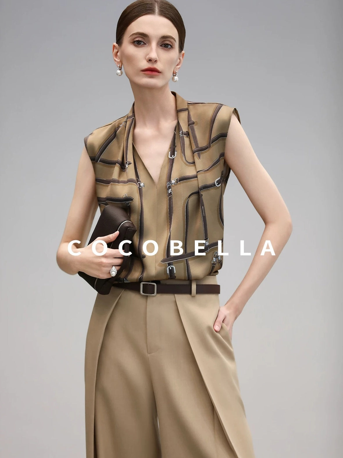 COCOBELLA Soft Stretch Polyester Wide Leg Natural Waist Ol Workwear Solid Relaxed Pants