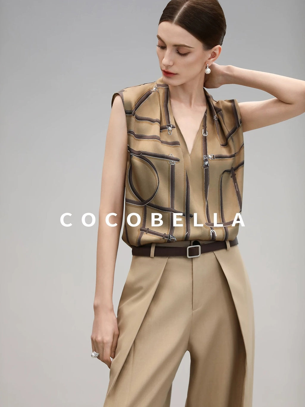 COCOBELLA Soft Stretch Polyester Wide Leg Natural Waist Ol Workwear Solid Relaxed Pants