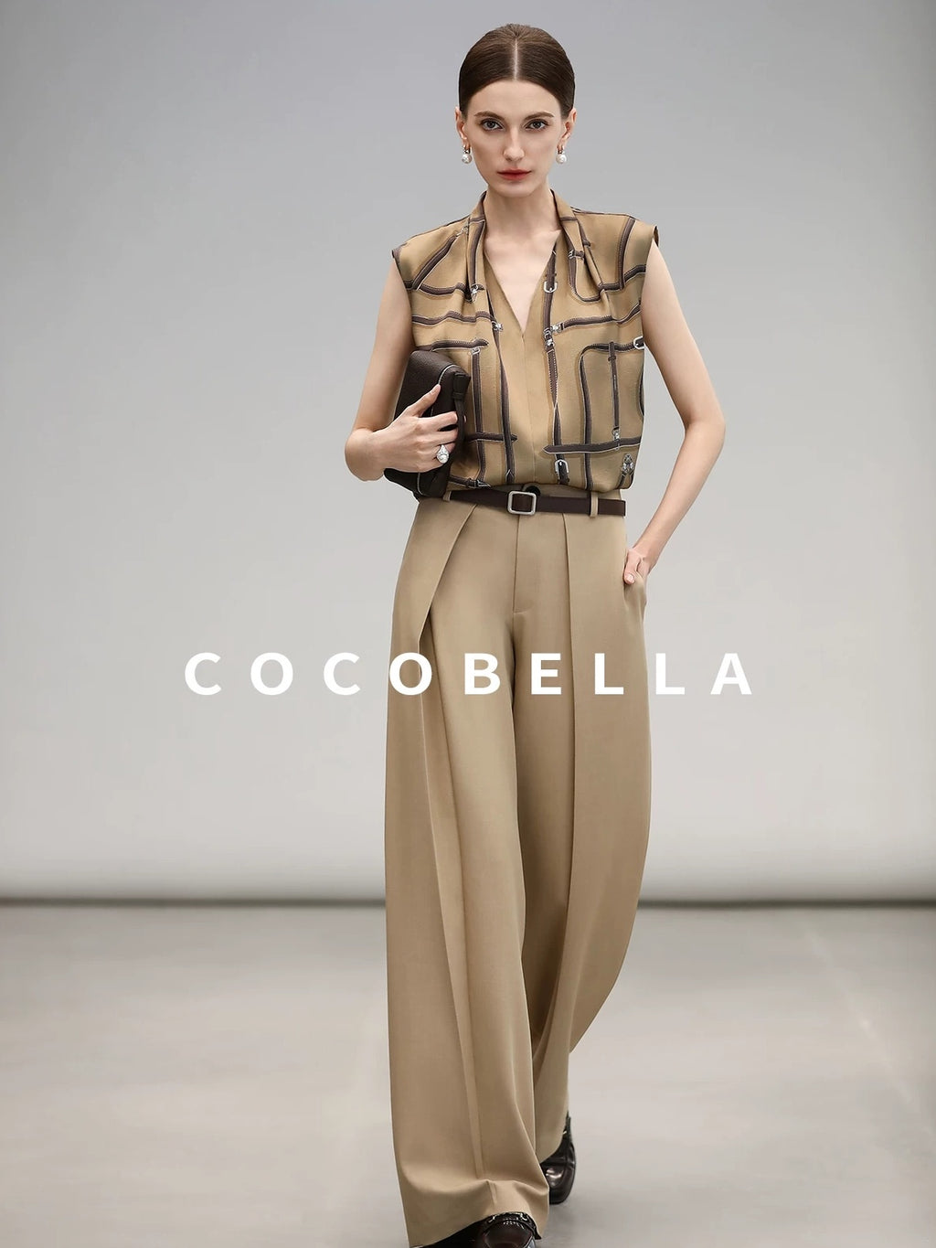 COCOBELLA Soft Stretch Polyester Wide Leg Natural Waist Ol Workwear Solid Relaxed Pants