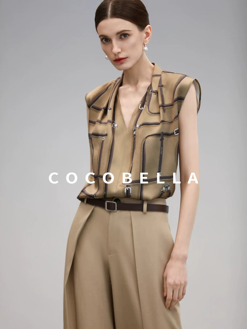 COCOBELLA Soft Stretch Polyester Wide Leg Natural Waist Ol Workwear Solid Relaxed Pants