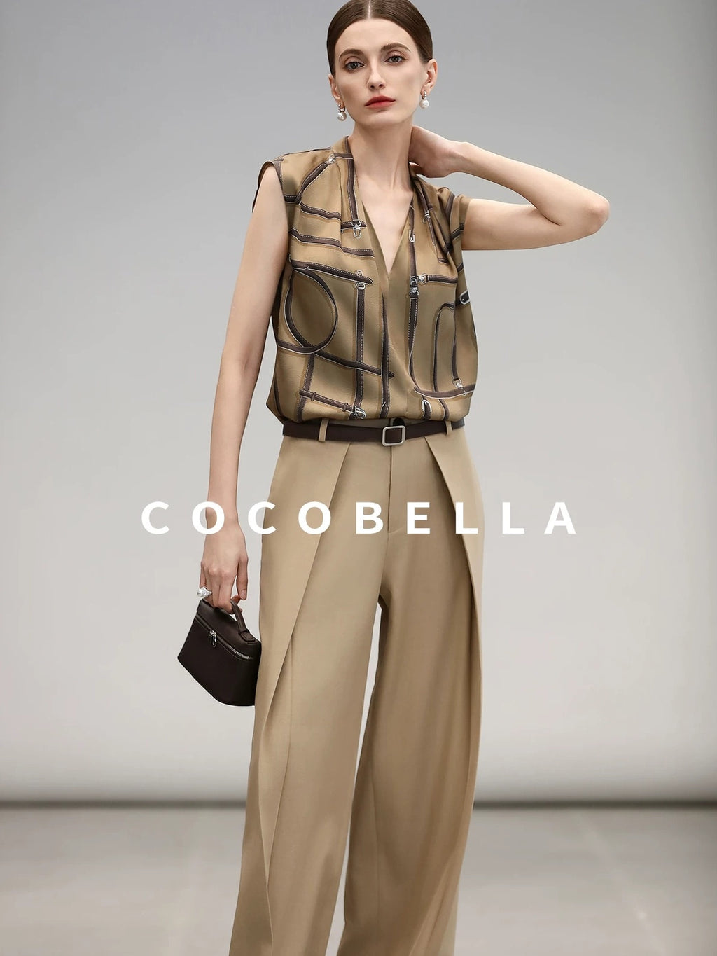 COCOBELLA Soft Stretch Polyester Wide Leg Natural Waist Ol Workwear Solid Relaxed Pants
