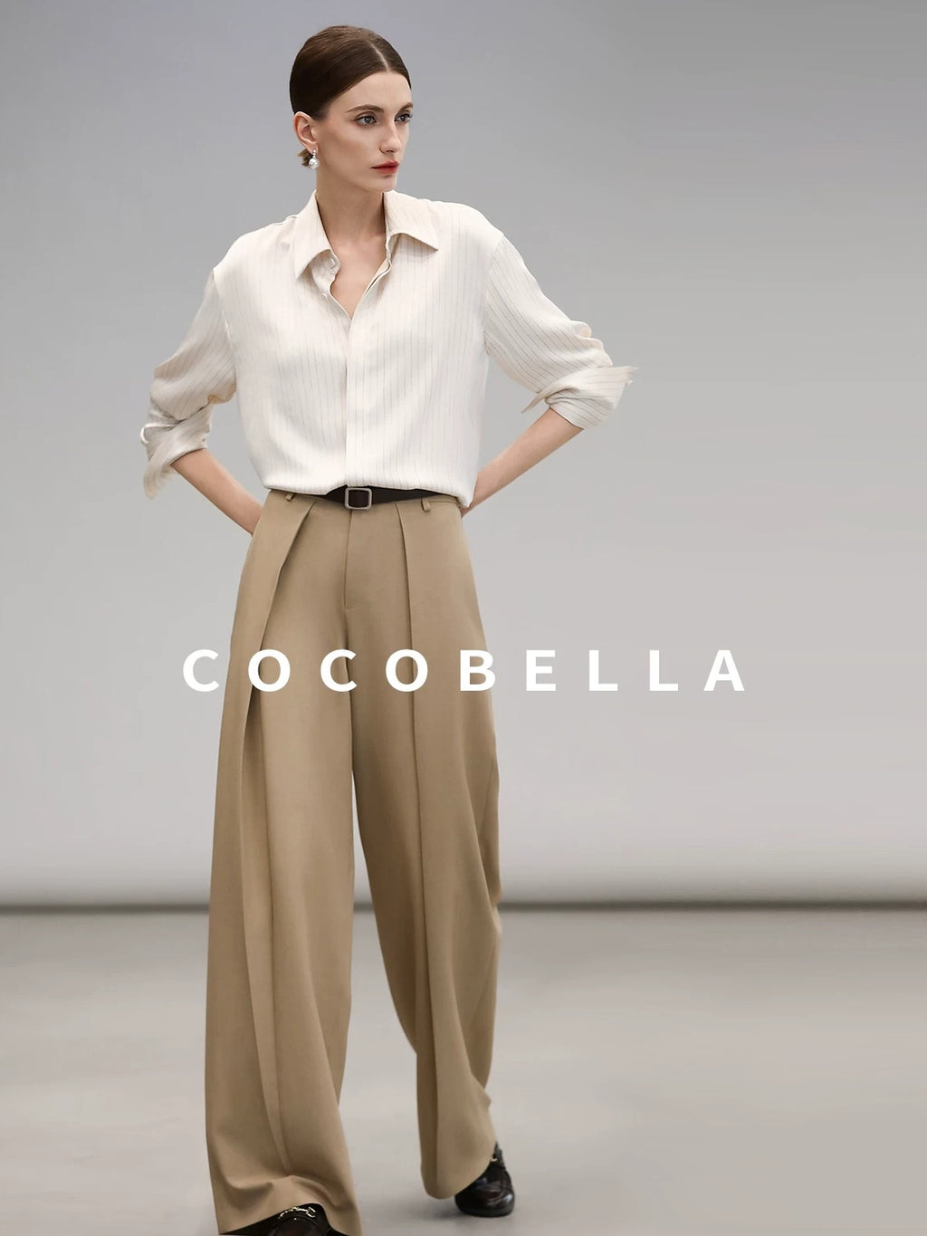COCOBELLA Soft Stretch Polyester Wide Leg Natural Waist Ol Workwear Solid Relaxed Pants