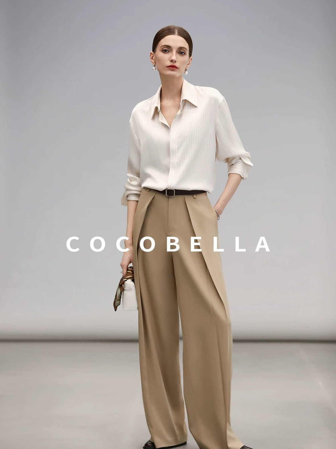 COCOBELLA Soft Stretch Polyester Wide Leg Natural Waist Ol Workwear Solid Relaxed Pants