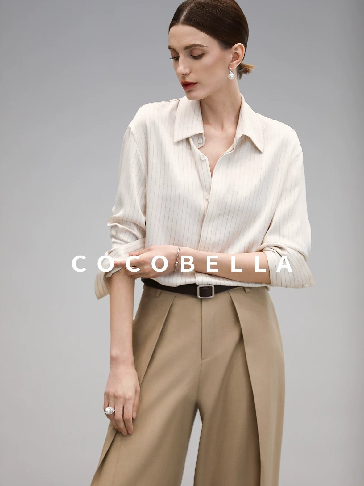 COCOBELLA Soft Stretch Polyester Wide Leg Natural Waist Ol Workwear Solid Relaxed Pants
