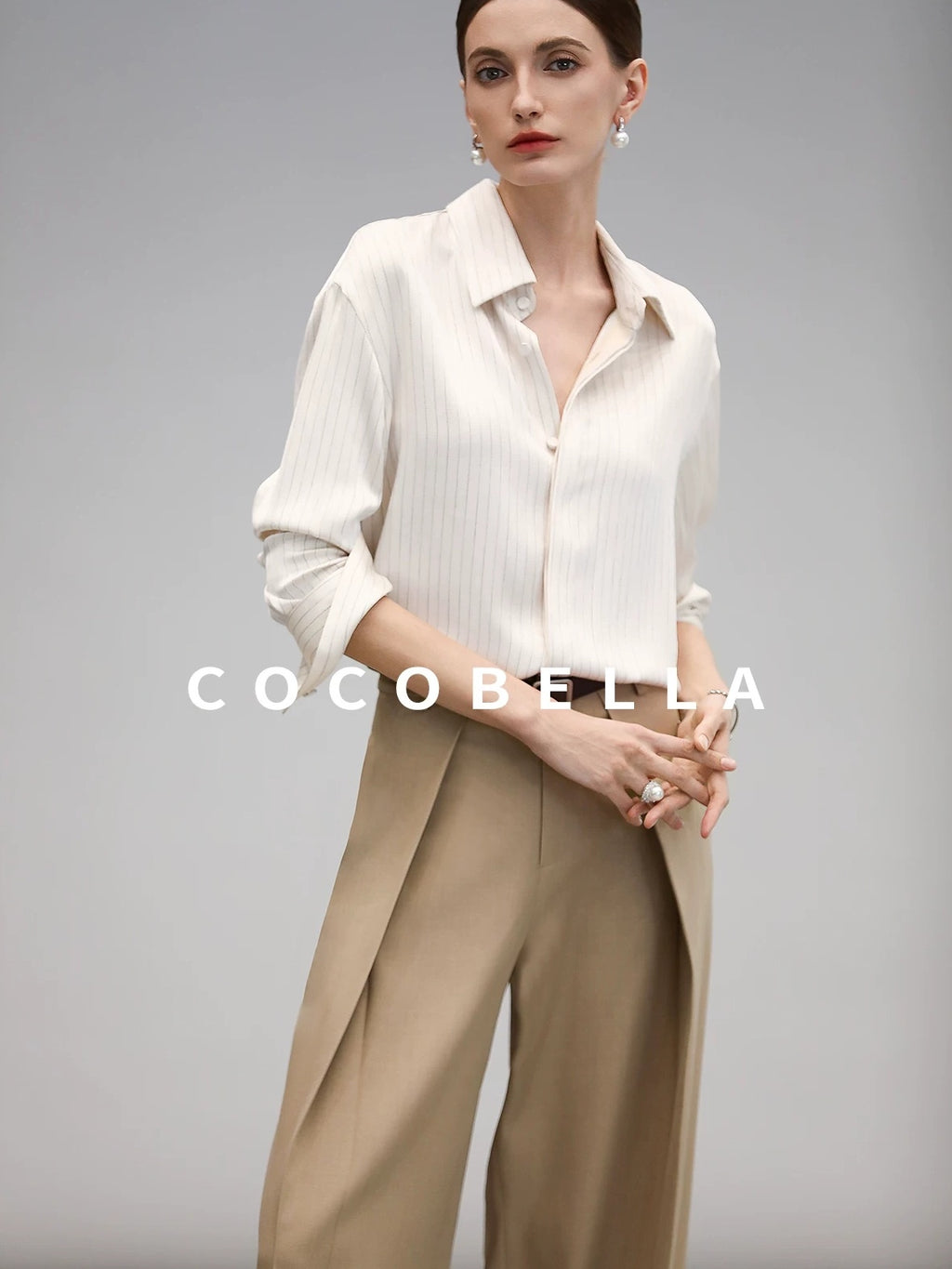 COCOBELLA Soft Stretch Polyester Wide Leg Natural Waist Ol Workwear Solid Relaxed Pants