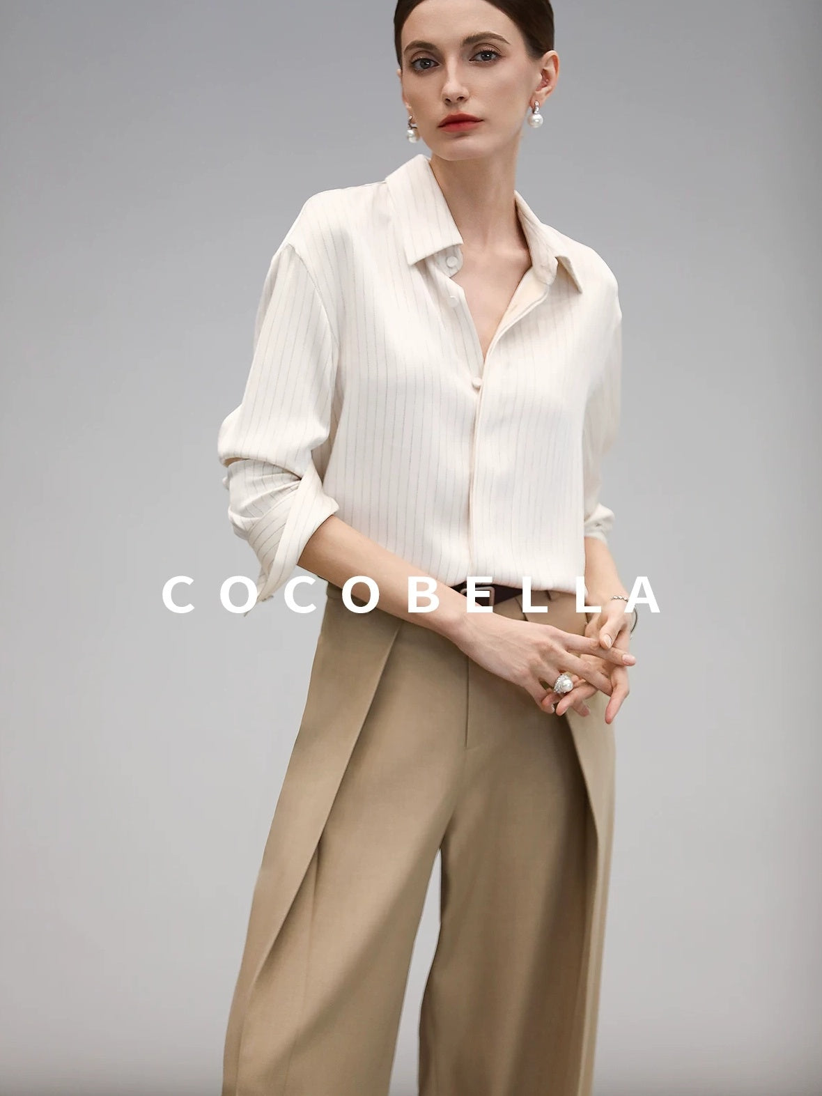 COCOBELLA Soft Stretch Polyester Wide Leg Natural Waist Ol Workwear Solid Relaxed Pants