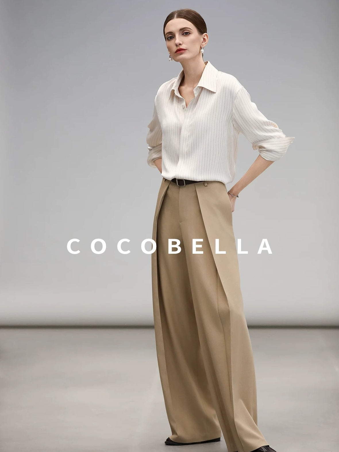 COCOBELLA Soft Stretch Polyester Wide Leg Natural Waist Ol Workwear Solid Relaxed Pants
