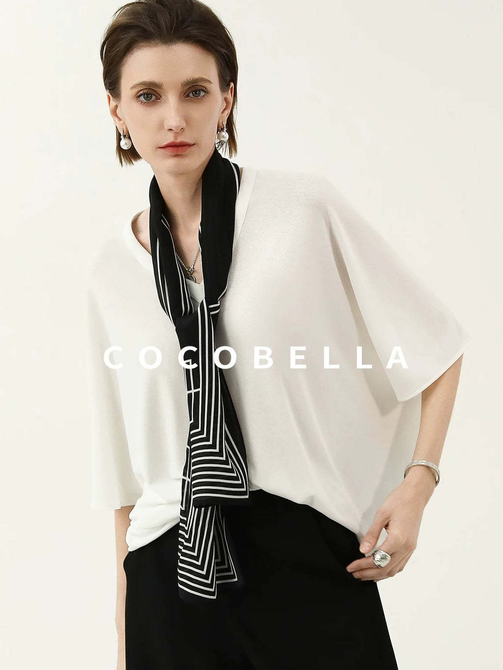 COCOBELLA Soft Stretch V Neck Batwing Short Sleeve Loose Casual Everyday Solid T-Shirts