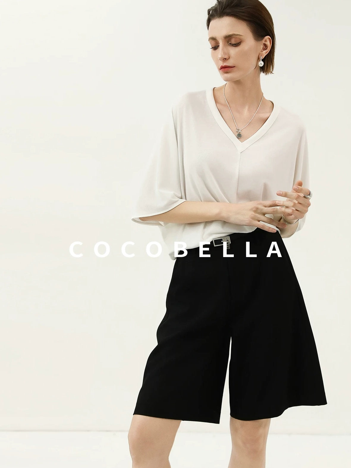 COCOBELLA Soft Stretch V Neck Batwing Short Sleeve Loose Casual Everyday Solid T-Shirts