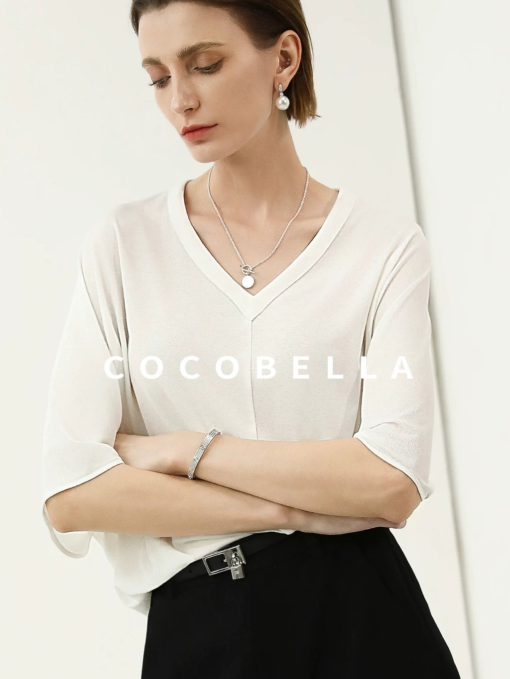 COCOBELLA Soft Stretch V Neck Batwing Short Sleeve Loose Casual Everyday Solid T-Shirts