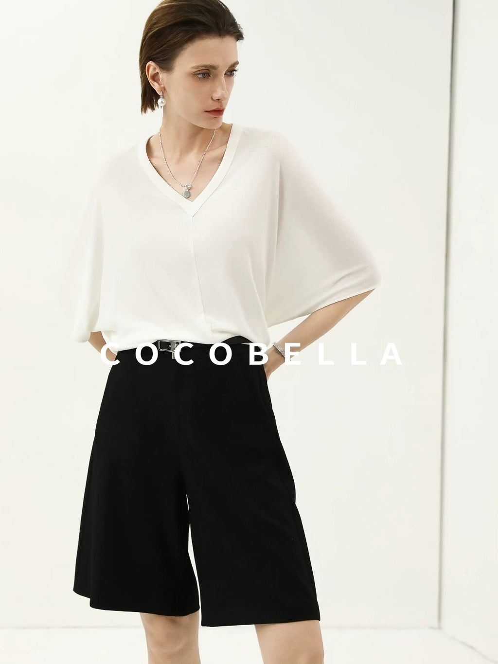 COCOBELLA Soft Stretch V Neck Batwing Short Sleeve Loose Casual Everyday Solid T-Shirts