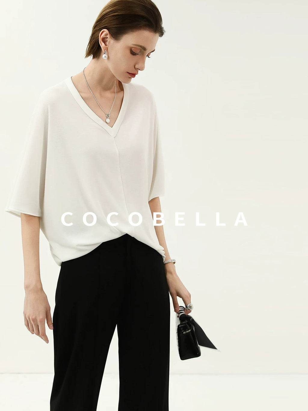 COCOBELLA Soft Stretch V Neck Batwing Short Sleeve Loose Casual Everyday Solid T-Shirts