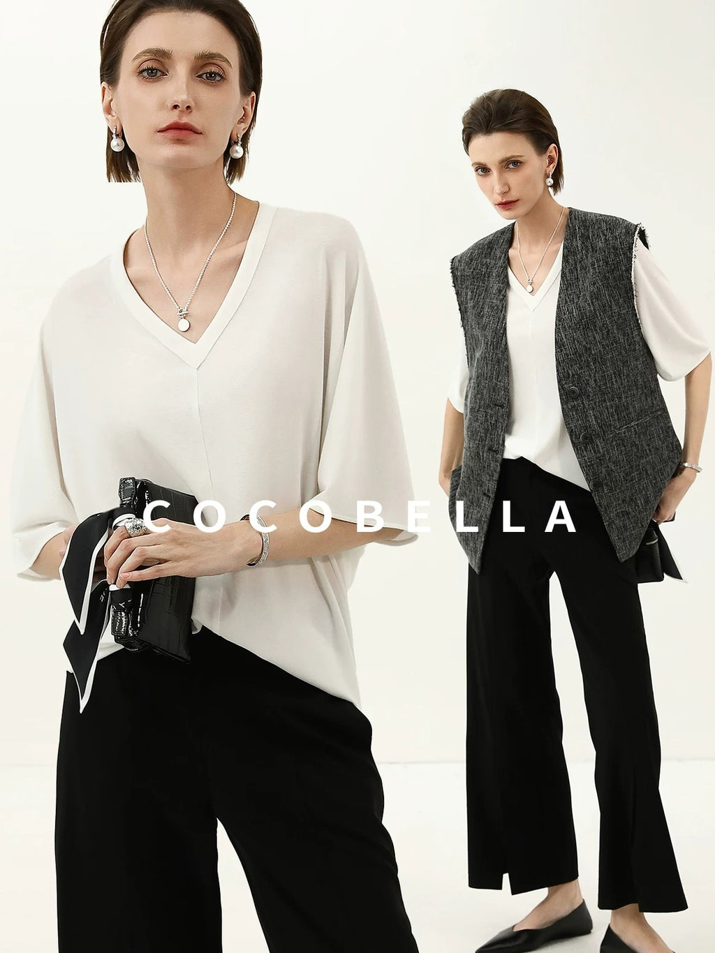 COCOBELLA Soft Stretch V Neck Batwing Short Sleeve Loose Casual Everyday Solid T-Shirts