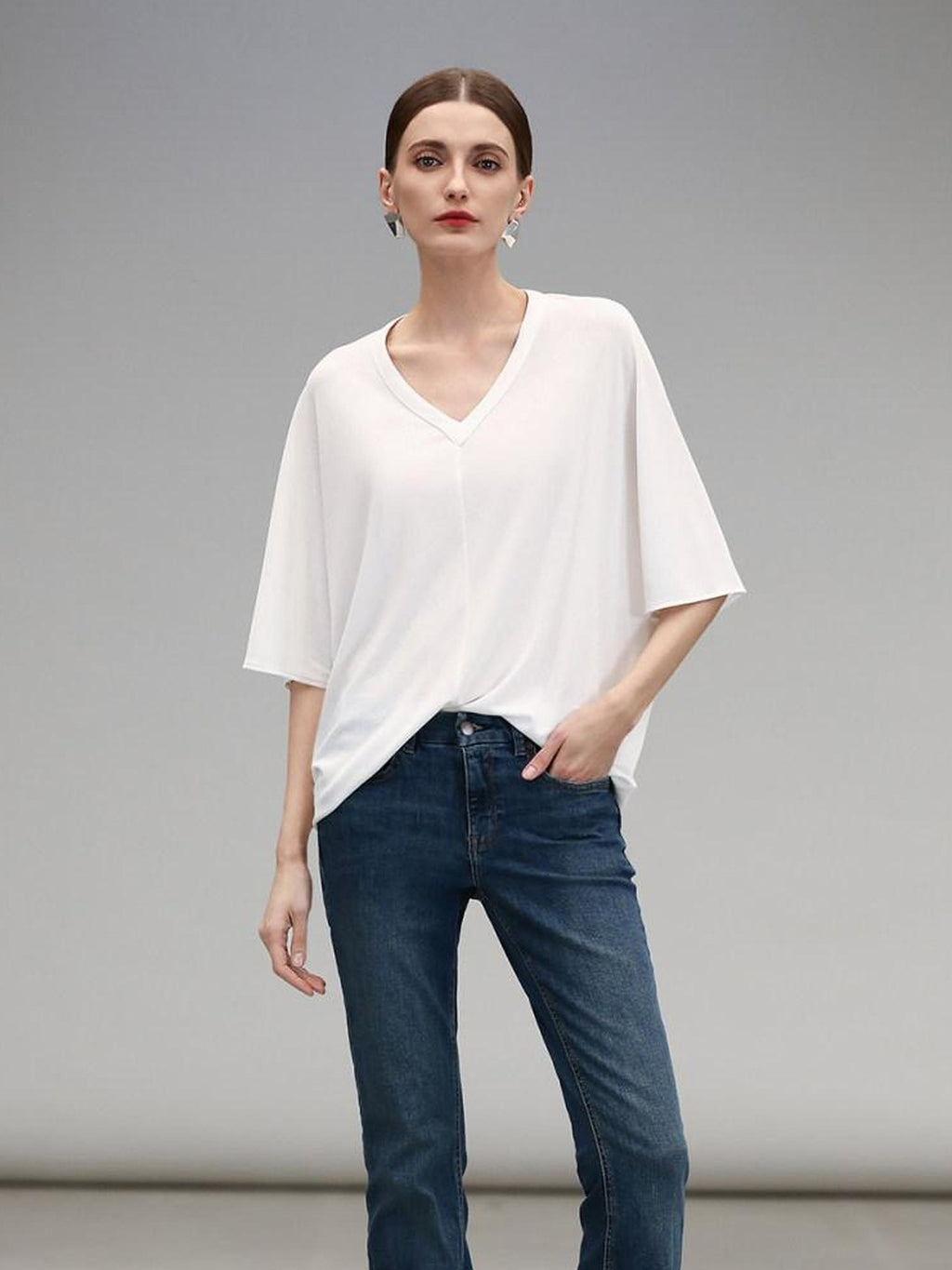COCOBELLA Soft Stretch V Neck Batwing Short Sleeve Loose Casual Everyday Solid T-Shirts
