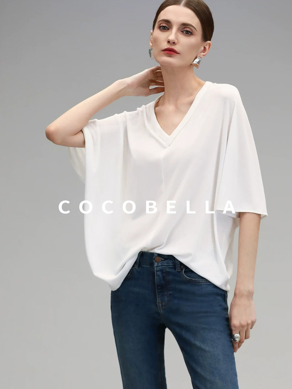 COCOBELLA Soft Stretch V Neck Batwing Short Sleeve Loose Casual Everyday Solid T-Shirts