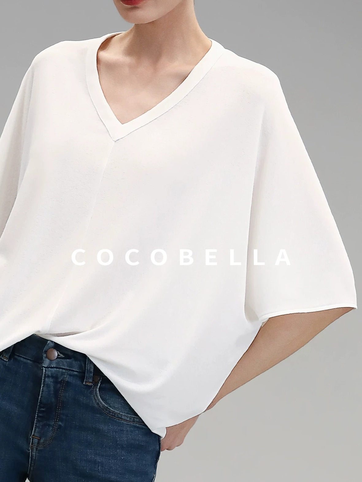 COCOBELLA Soft Stretch V Neck Batwing Short Sleeve Loose Casual Everyday Solid T-Shirts