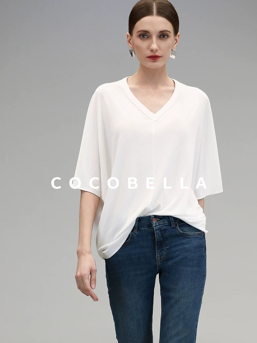 COCOBELLA Soft Stretch V Neck Batwing Short Sleeve Loose Casual Everyday Solid T-Shirts