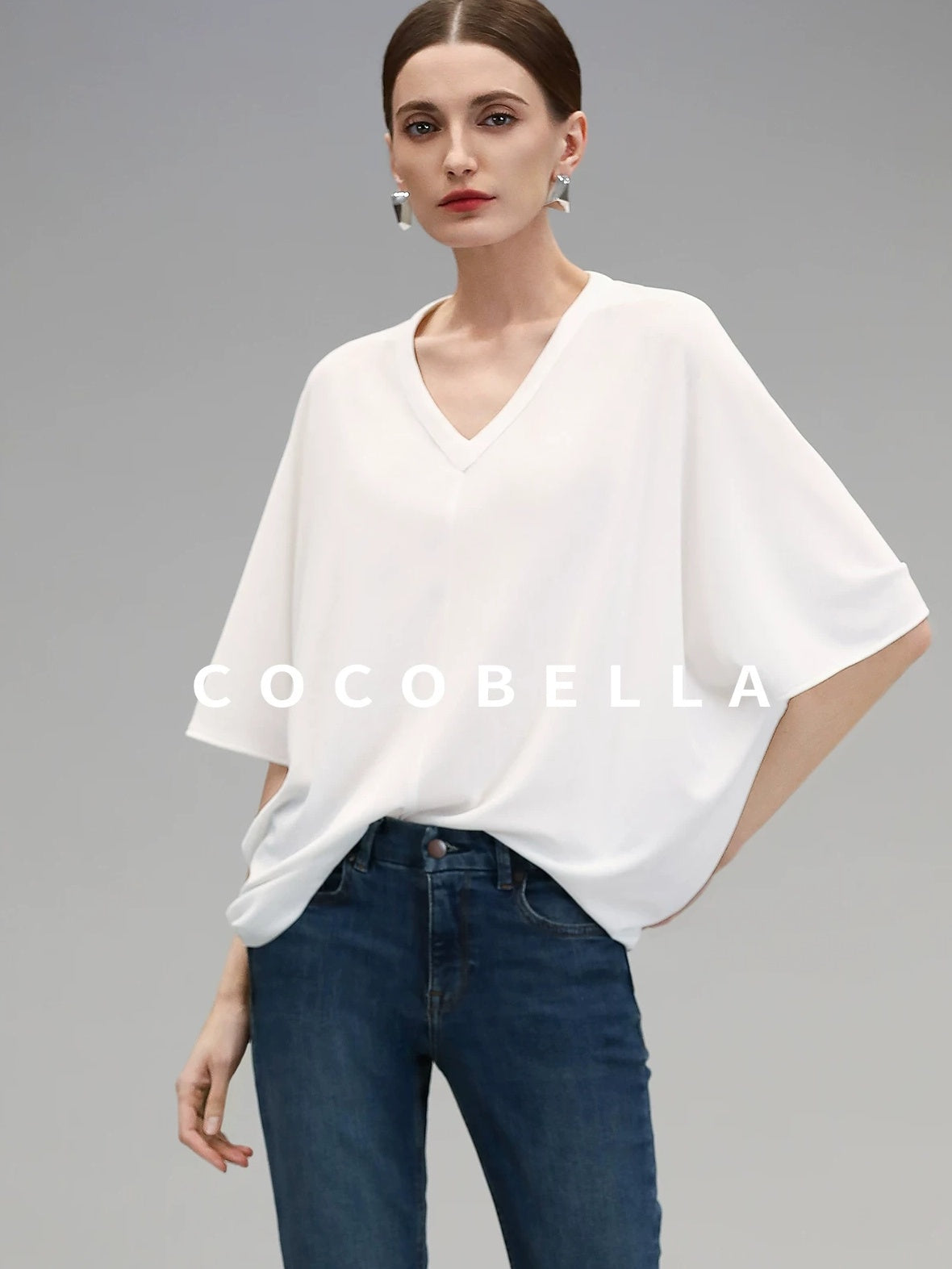 COCOBELLA Soft Stretch V Neck Batwing Short Sleeve Loose Casual Everyday Solid T-Shirts