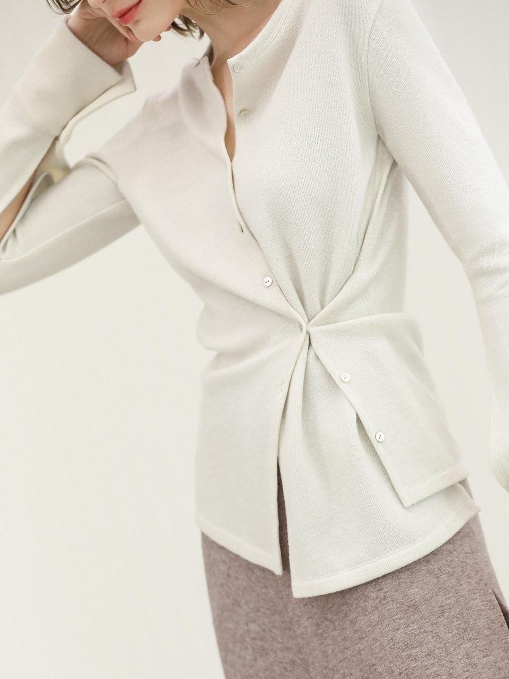 COCOBELLA Soft Thick Asymmetric Button Cardigan Office Round Neck Long Sleeve Shirts