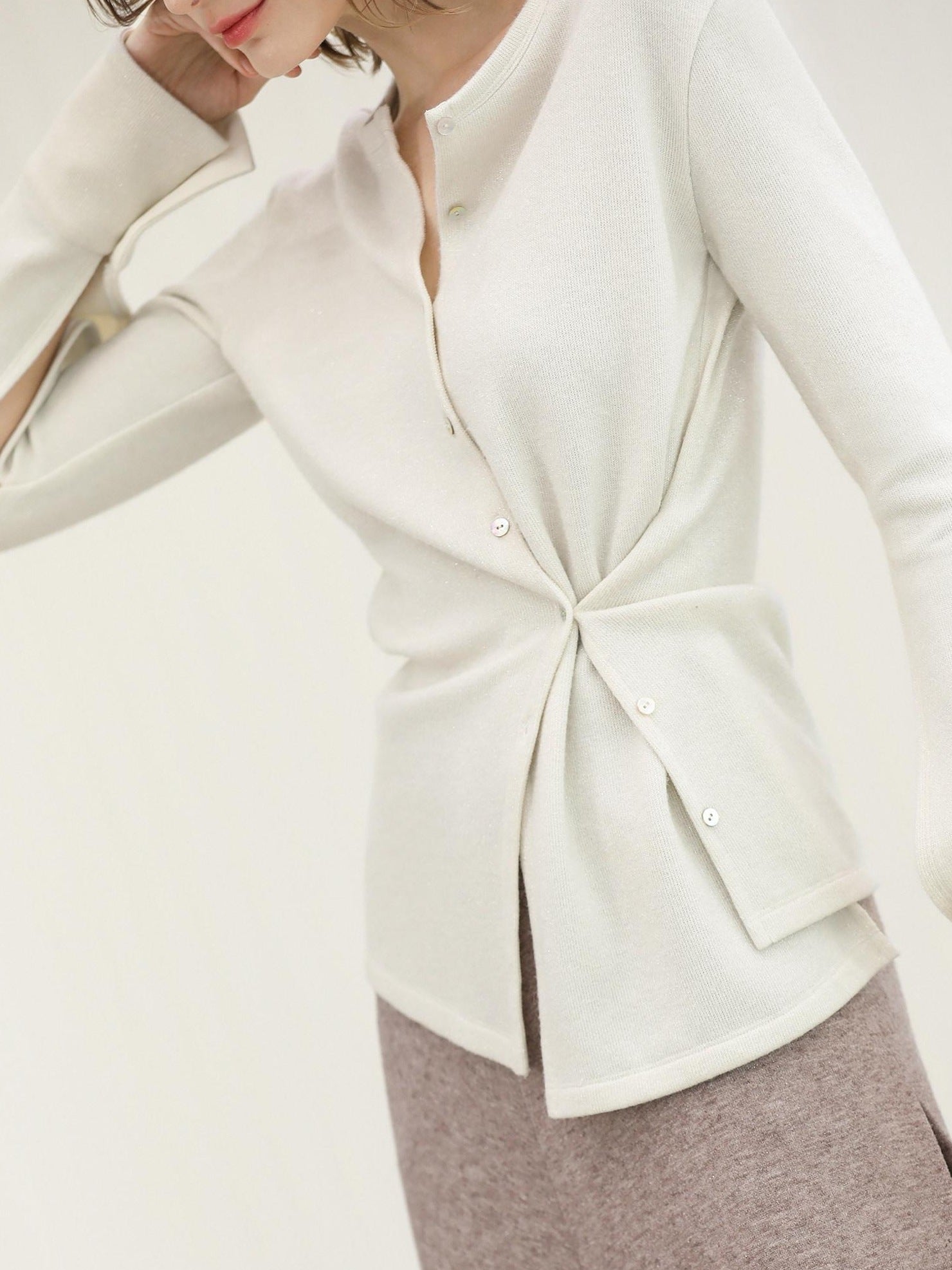 COCOBELLA Soft Thick Asymmetric Button Cardigan Office Round Neck Long Sleeve Shirts