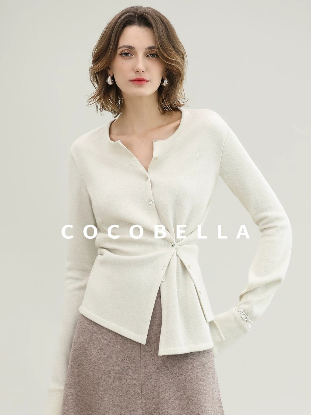 COCOBELLA Soft Thick Asymmetric Button Cardigan Office Round Neck Long Sleeve Shirts