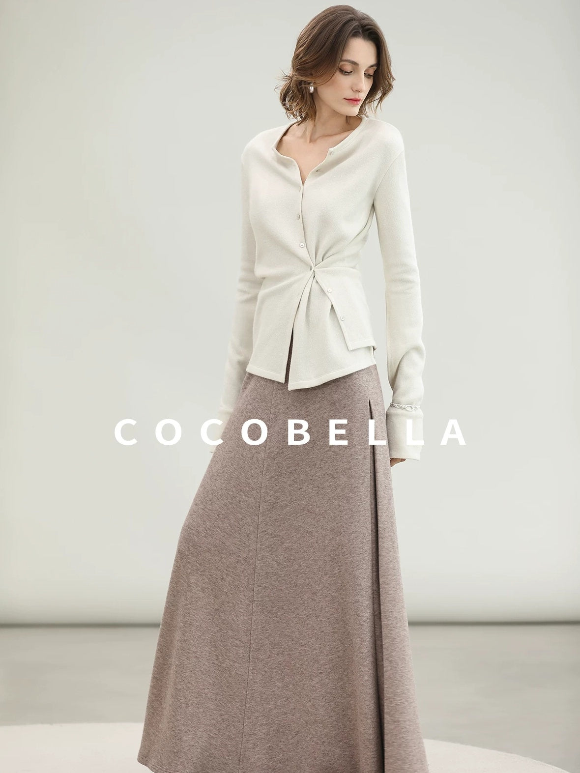 COCOBELLA Soft Thick Asymmetric Button Cardigan Office Round Neck Long Sleeve Shirts