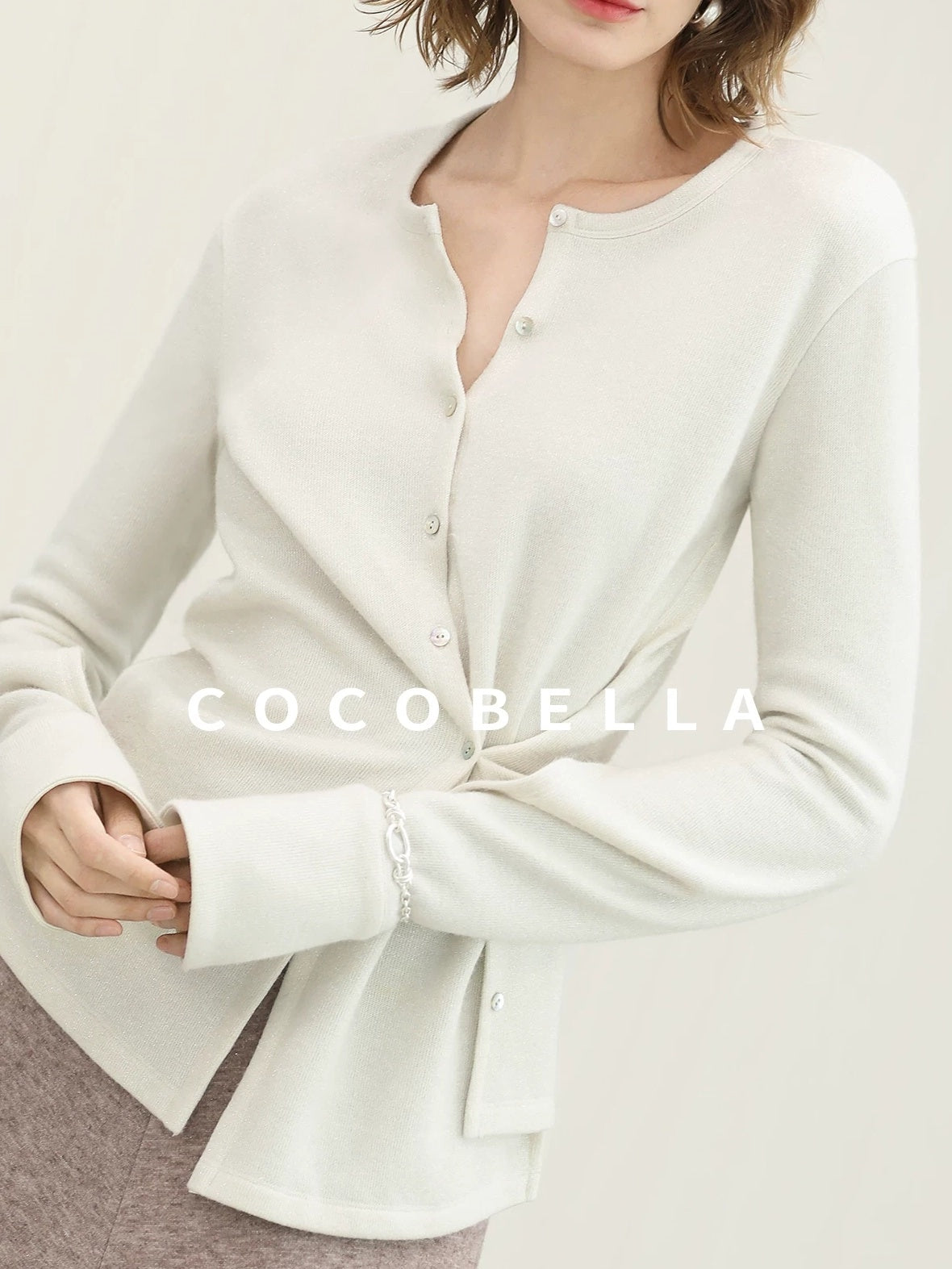COCOBELLA Soft Thick Asymmetric Button Cardigan Office Round Neck Long Sleeve Shirts