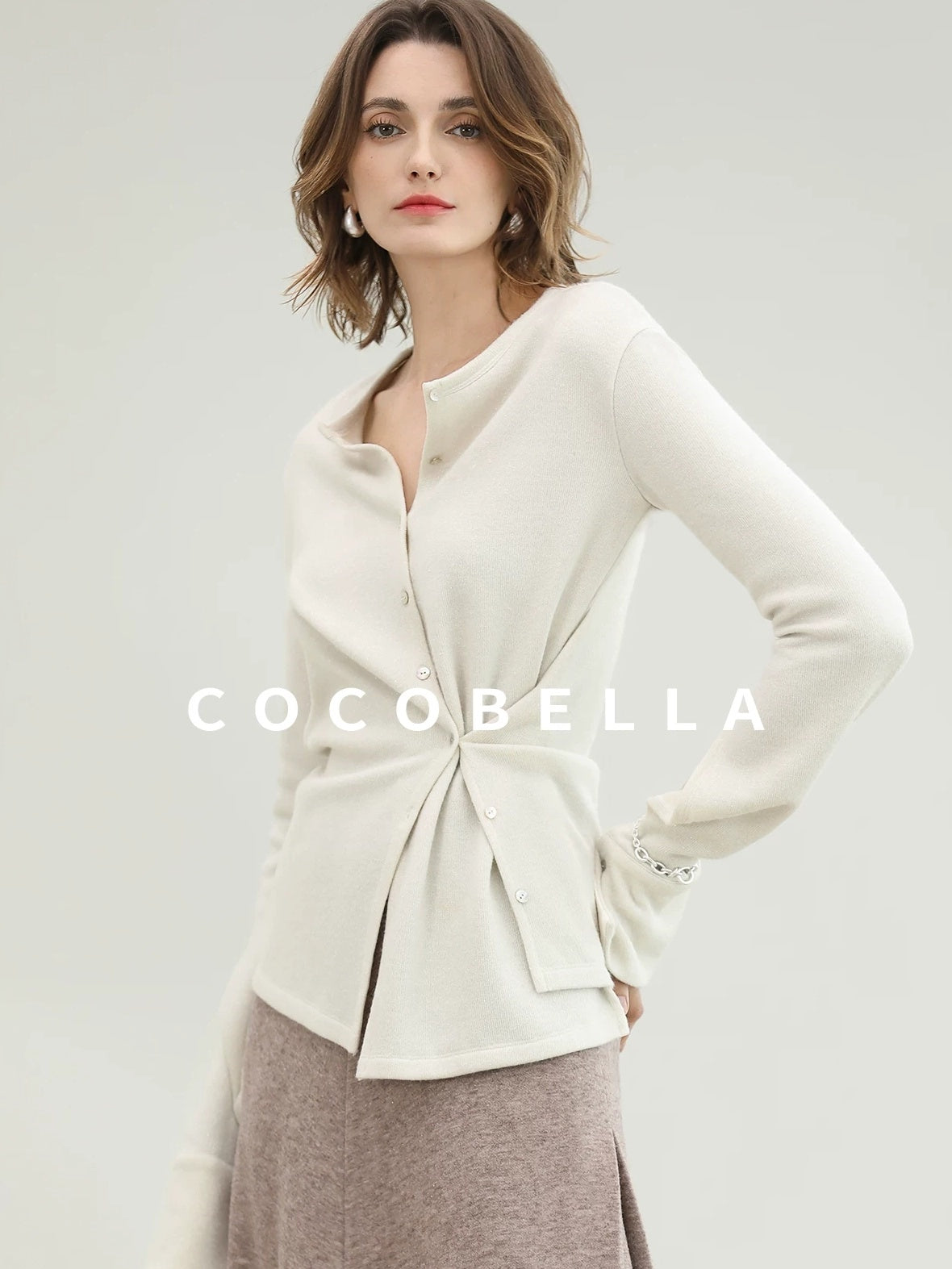 COCOBELLA Soft Thick Asymmetric Button Cardigan Office Round Neck Long Sleeve Shirts
