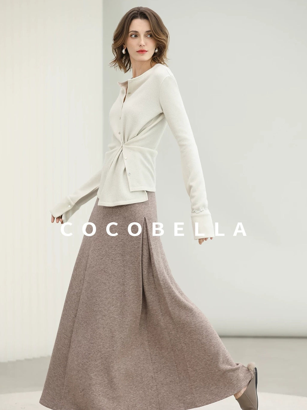 COCOBELLA Soft Thick Asymmetric Button Cardigan Office Round Neck Long Sleeve Shirts