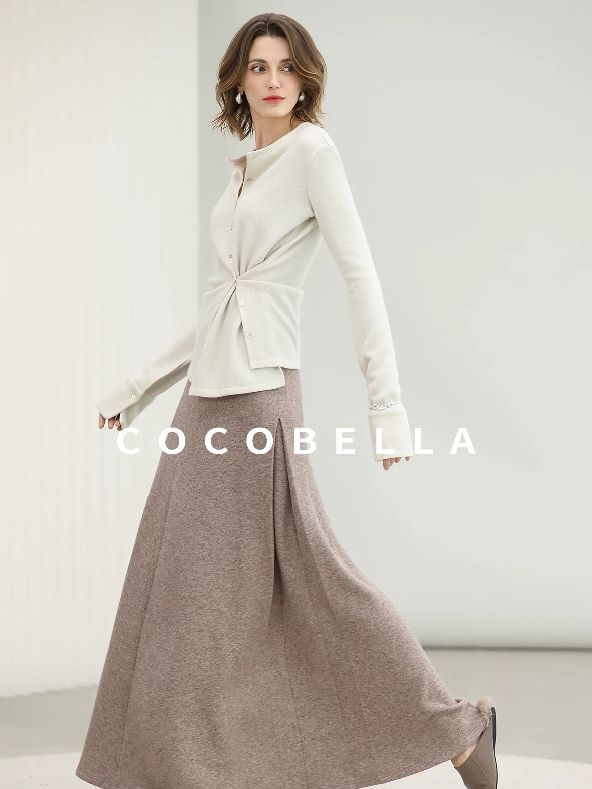 COCOBELLA Soft Thick Asymmetric Button Cardigan Office Round Neck Long Sleeve Shirts