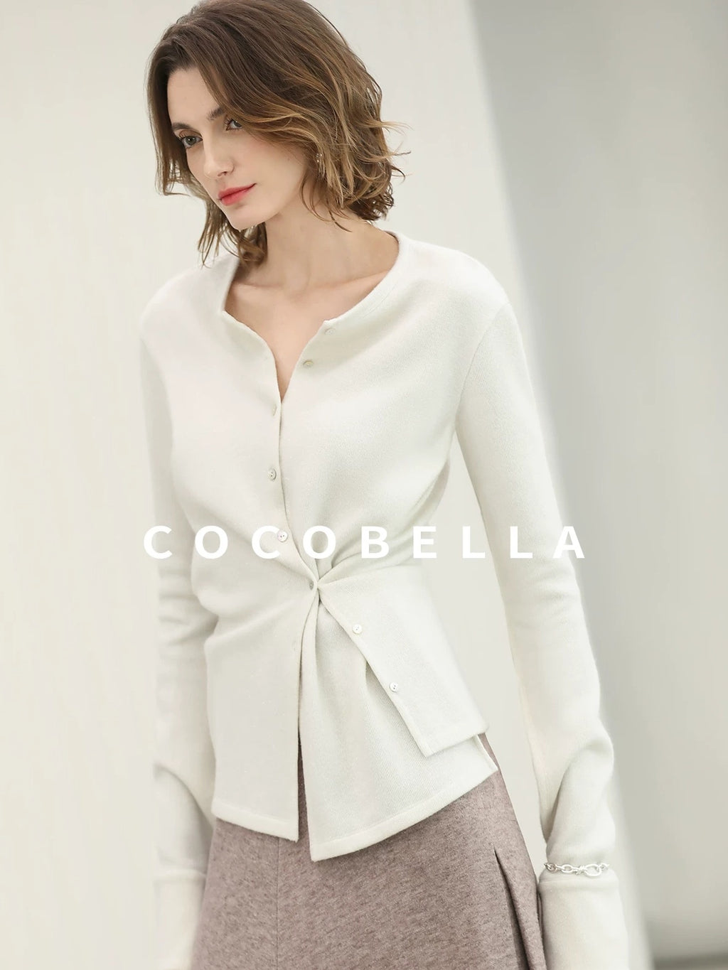 COCOBELLA Soft Thick Asymmetric Button Cardigan Office Round Neck Long Sleeve Shirts